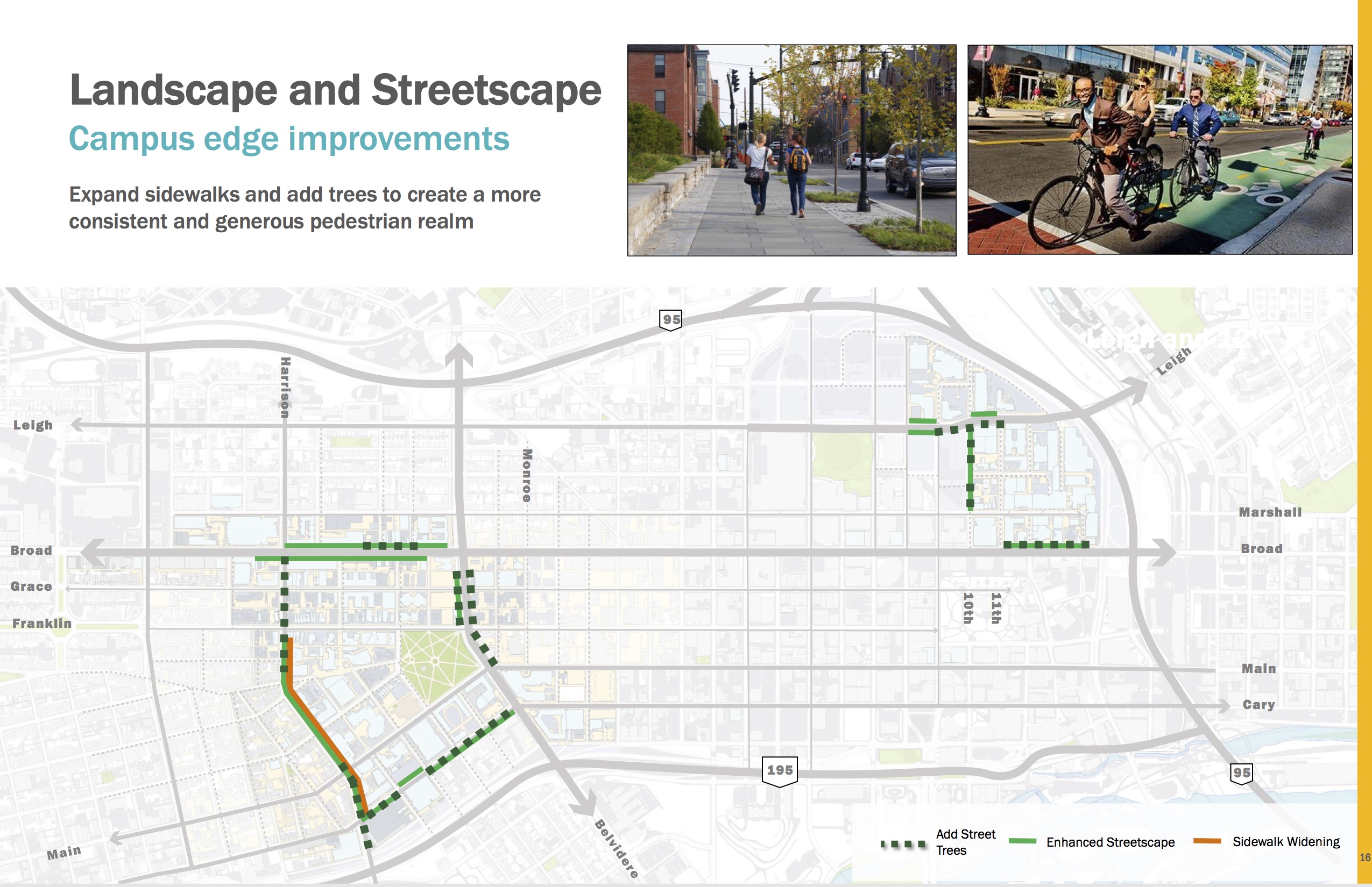Map indicating areas where expanded sidewalks and trees could create a more consistent and generous pedestrian experience
